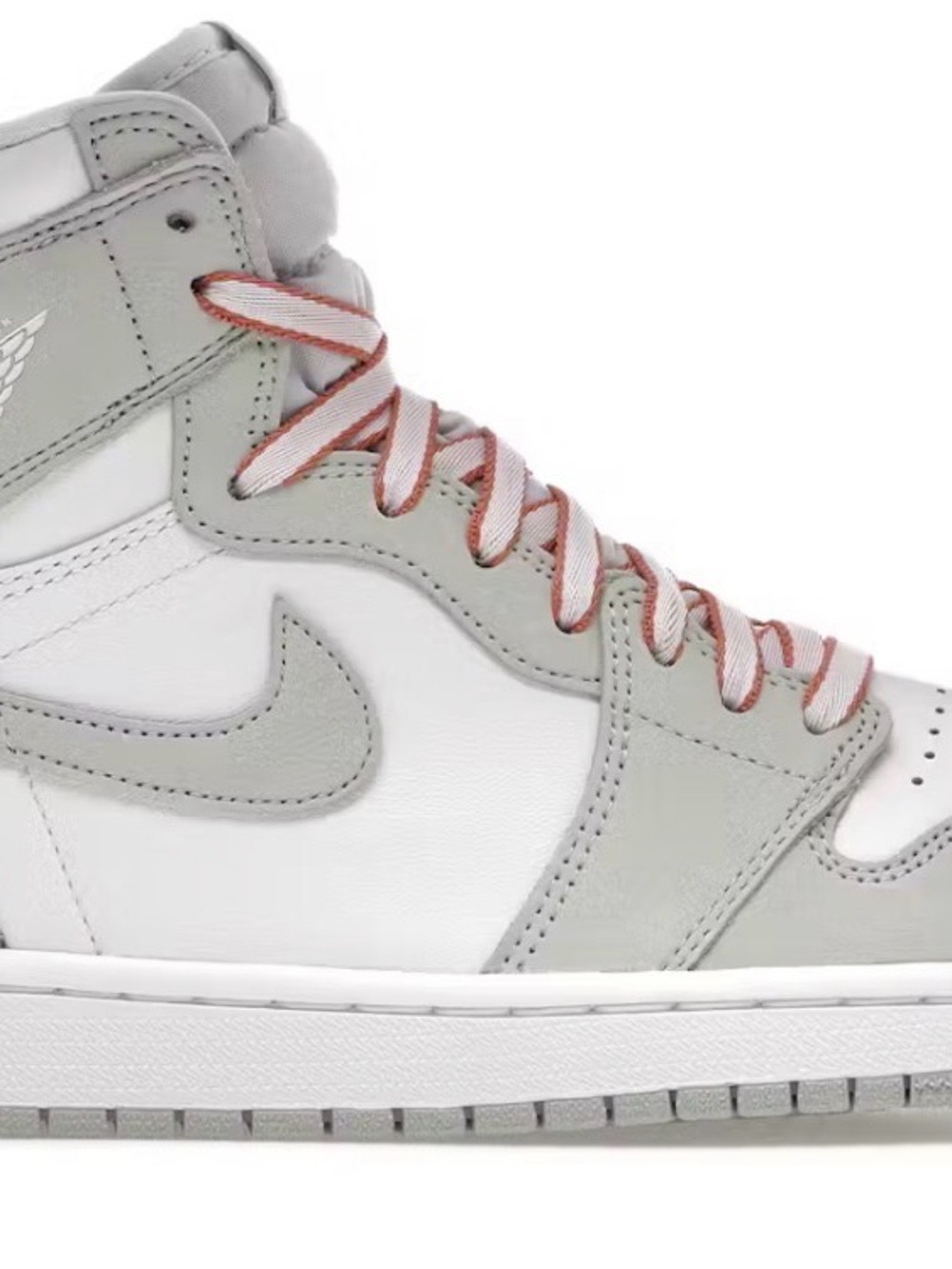 Jordan High-Top Sneaker in White and Light Gray with Red-Trim Laces